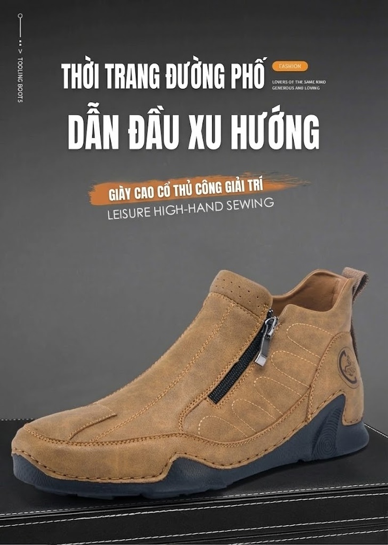Giày Boot Nam Cổ Cao Khóa Kéo Bên Chiều Cao Đế Khoảng 3cm Màu Đen, Xanh Dương, Nâu chi tiết 1