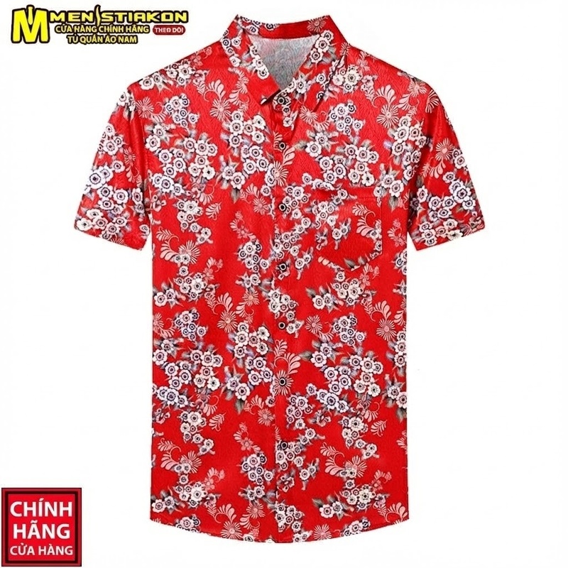 Áo Sơ Mi Tay Ngắn Nam Hoa Văn Trung Niên Chất Liệu Băng Lụa Thoáng Mát Chống Nhăn Màu Đỏ, Cam, Xanh...