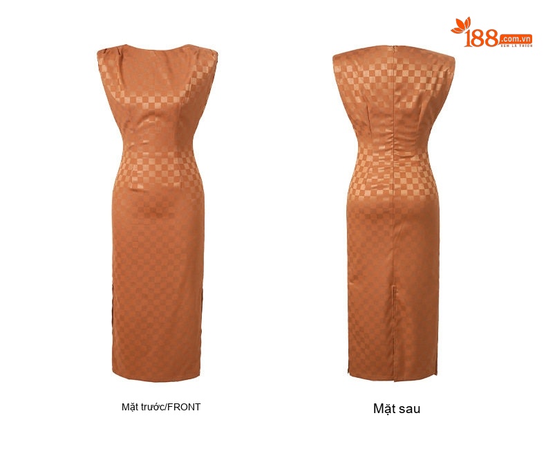Váy Ôm Body Nữ Họa Tiết Caro Cổ Tròn Tay Cộc Xẻ Tà Phong Cách Quyến Rũ Màu Cam chi tiết 6