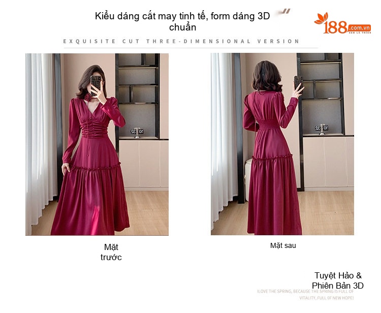 Váy Dài Nữ dáng chữ A Chiết Eo Cổ chữ V Chất Liệu Satin Màu Đỏ Rượu Vang, Đen chi tiết 3