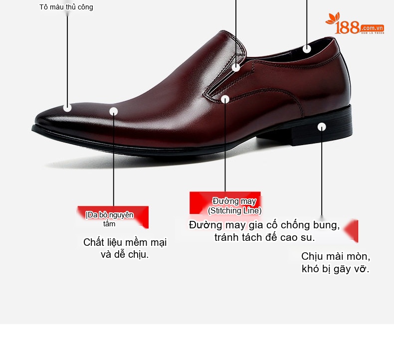 Giày Lười Nam Da Bò Chiều Cao Đế Khoảng 3cm Màu Đen, Nâu, Đỏ Rượu chi tiết 6