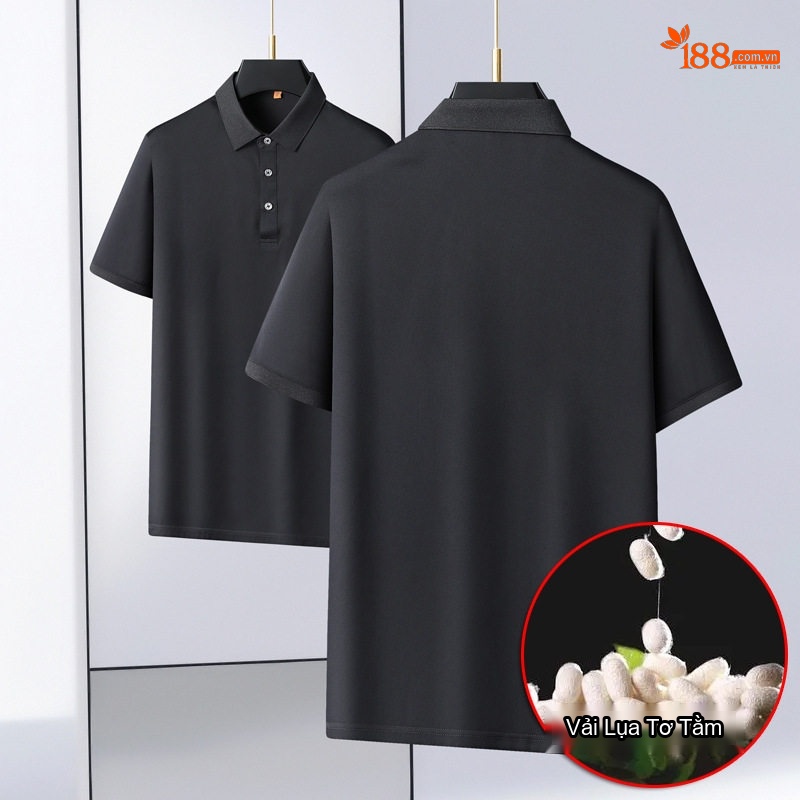 Áo Polo Nam Tay Ngắn Lụa Tơ Tằm Cổ Bẻ Dáng Rộng Màu Đen