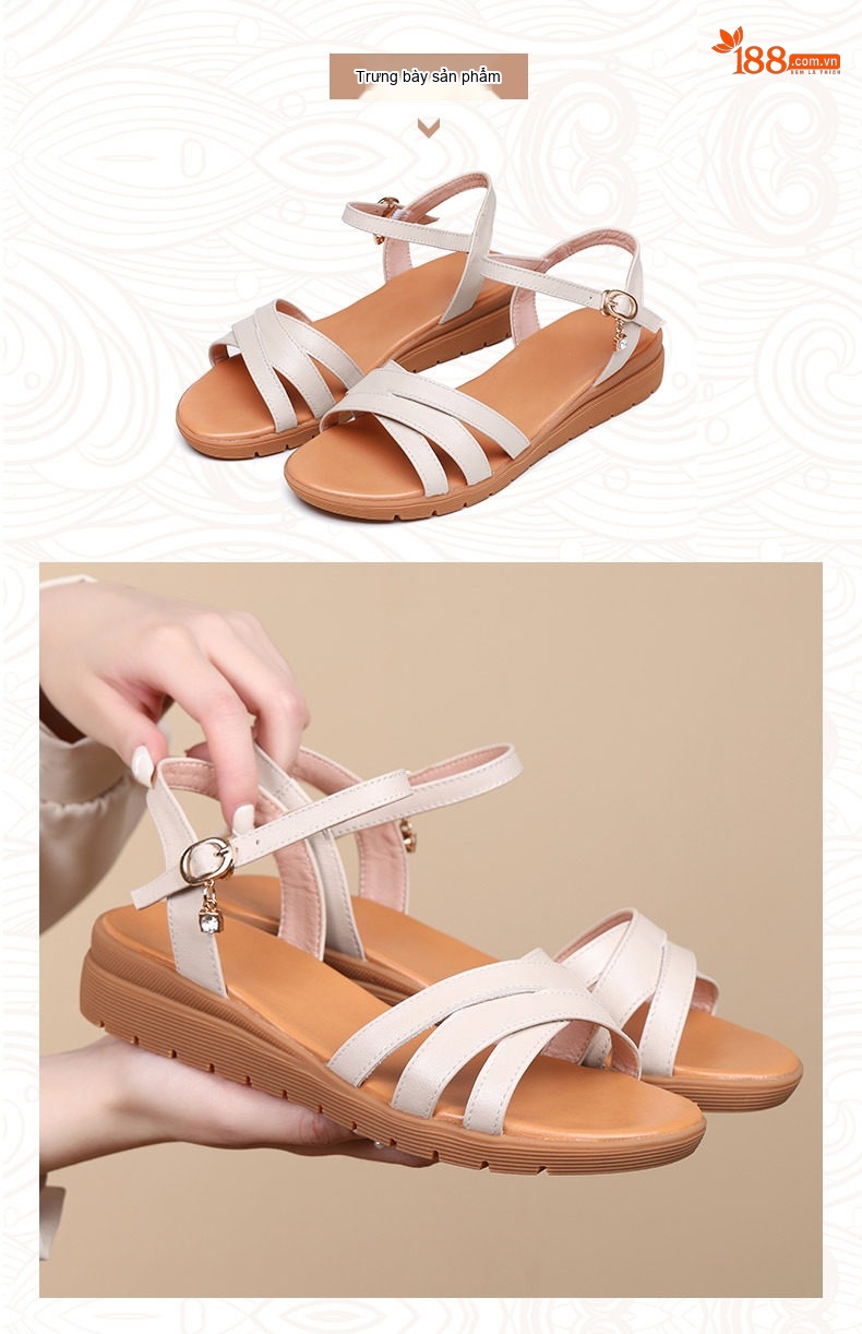 Dép Sandal Nữ Da Thật Quai Chéo Đế Mềm Chống Trượt Đế Cao 3cm - 4cm Màu Đỏ, Nâu, Đen, Kem chi tiết 11