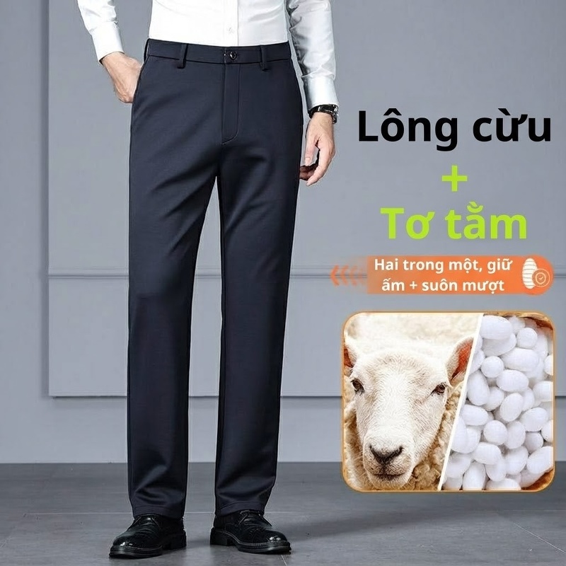 Quần Tây Nam Ống Đứng Mùa Thu Đông Chất Liệu Lông Cừu, Tơ Tằm Thoải Mái Co Giãn Màu Đen, Xám, Xanh Navy