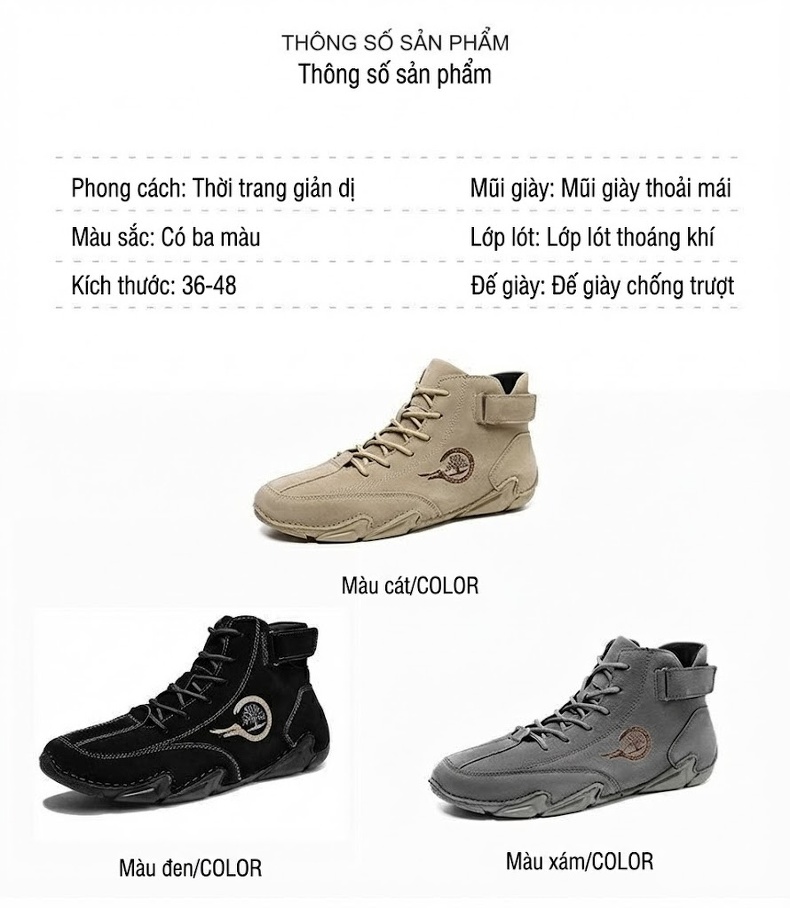 Giày Boot Nam Cổ Cao Da Mờ Lót Lông Ấm Áp Chiều Cao Đế Khoảng 3cm Màu Be, Đen, Xám chi tiết 6