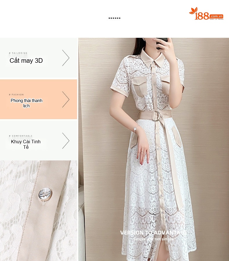 Set Áo Ren Tay Ngắn và Chân Váy Midi Phong Cách Hepburn Thanh Lịch Màu Trắng, Kem chi tiết 3