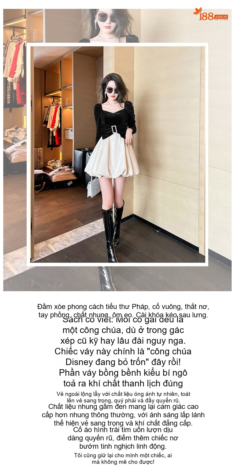 Váy Tiểu Thư Pháp Cổ Điển Nữ Tay Dài Cổ chữ Vuông Thắt Eo Nơ Bướm Chất Liệu Nhung Màu Đen, Kem chi tiết 1