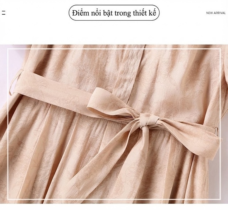 Váy Midi Nữ Cổ Điển Thắt Eo Tay Ngắn Màu Be, Xanh chi tiết 4
