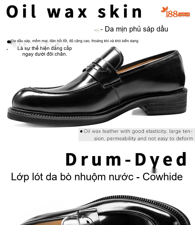 Giày Lười Nam Da Bò Bề Mặt Da Bóng Chiều Cao Đế Khoảng 3cm Màu Đen chi tiết 10