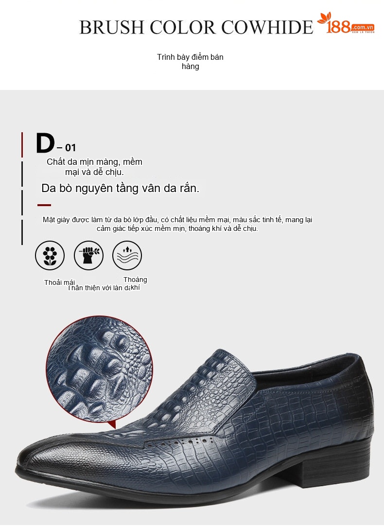 Giày Lười Nam Da Dập Vân Cá Sấu Chiều Cao Đế Khoảng 3cm Màu Đen, Xanh Navy chi tiết 4