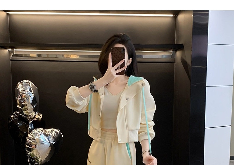 Bộ Quần Áo Thể Thao Nữ Áo Khoác Quần Ống Rộng Phong Cách Trẻ Trung Màu Kem, Xanh chi tiết 1