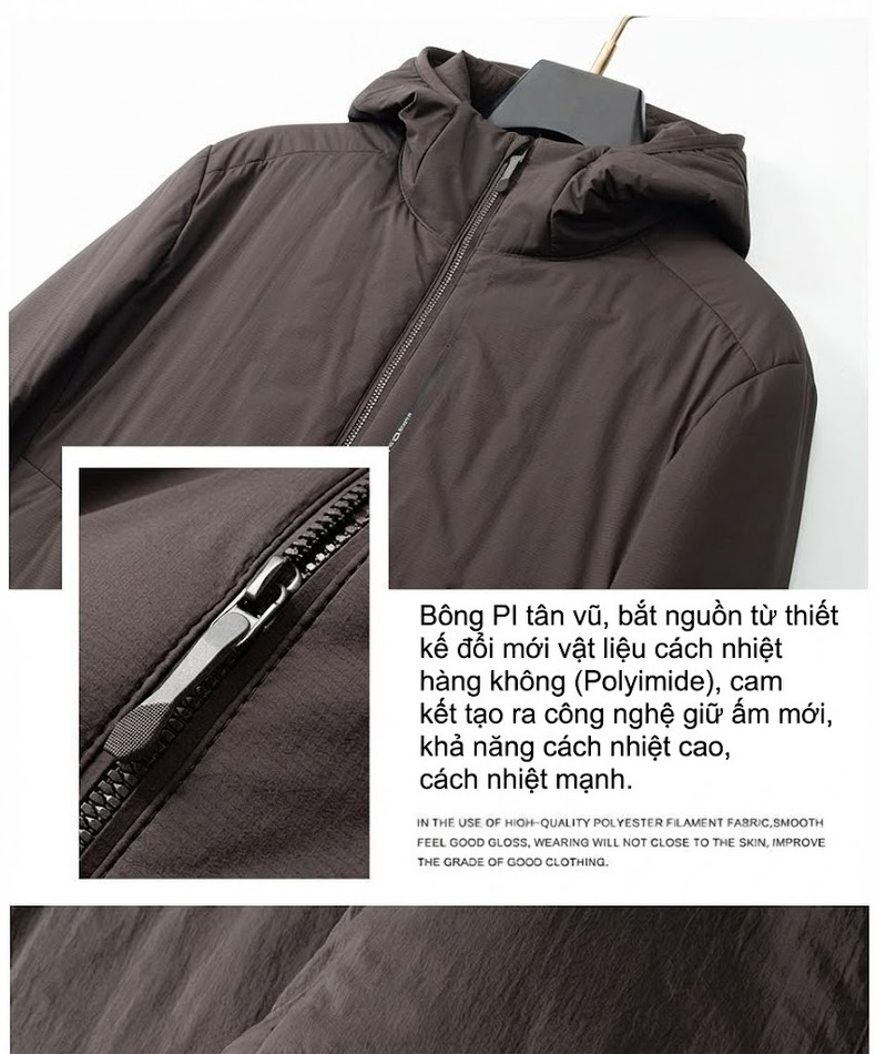 Áo Khoác Nam Cotton Pha PI Có Mũ Trùm Đầu Chống Gió Giữ Ấm Màu Đen, Nâu chi tiết 7