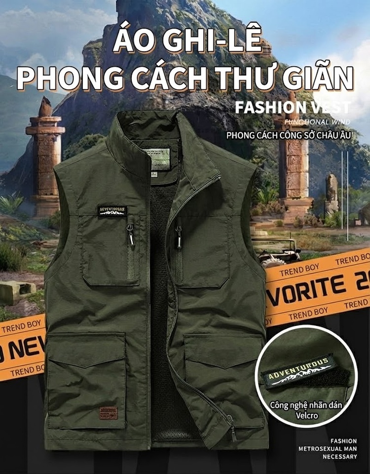 Áo Gile Nam Mùa Xuân Thu Dáng Rộng Nhiều Túi Phong Cách Thể Thao chi tiết 1