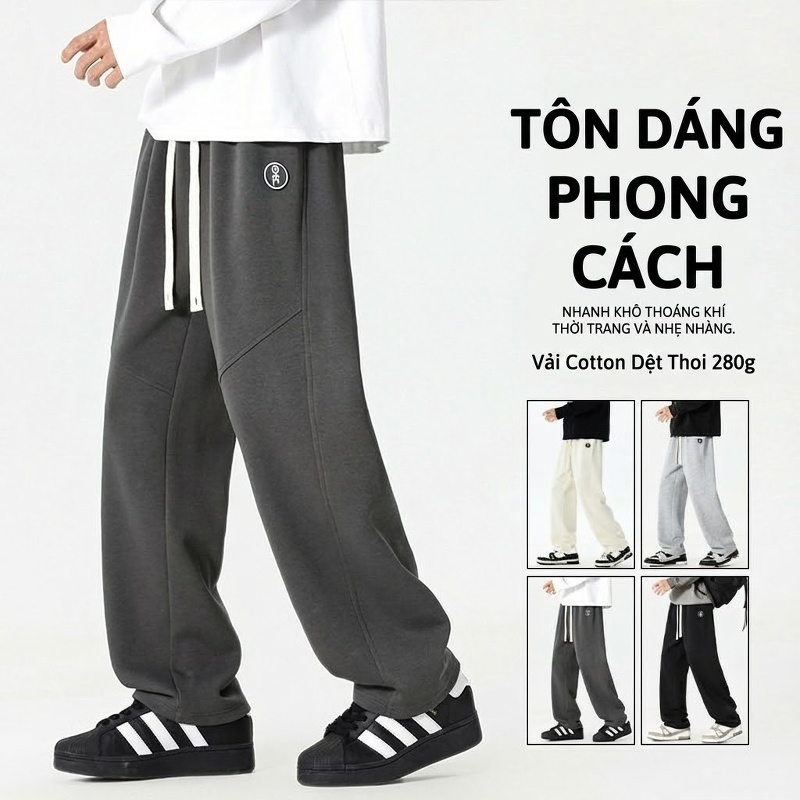 Quần dài ống rộng nam cotton dáng thể thao rút dây