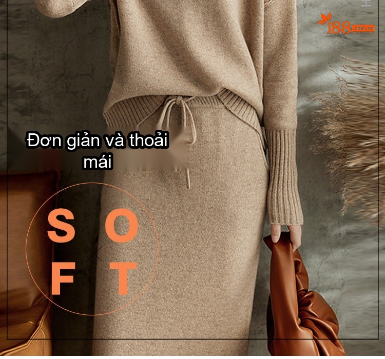 Set Bộ Áo Len Dài Tay Và Chân Váy Dệt Kim Ống Suông Thời Trang Thu Đông Nữ Màu Nâu, Be chi tiết 2