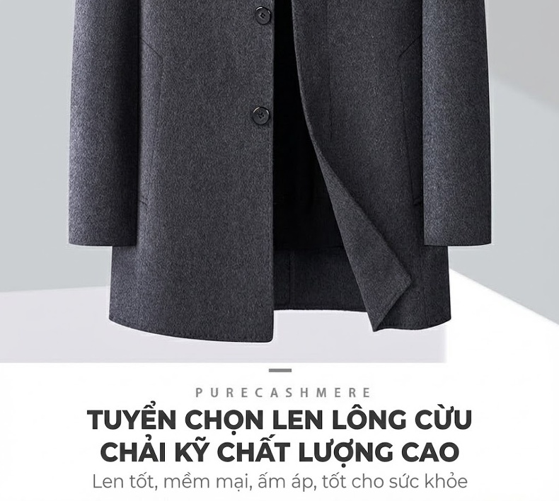 Áo Khoác Dạ Nam Hai Mặt Lông Cừu Dáng Dài Vừa Có Lót Lông Vũ Màu Đen, Xám, Xanh Navy chi tiết 2