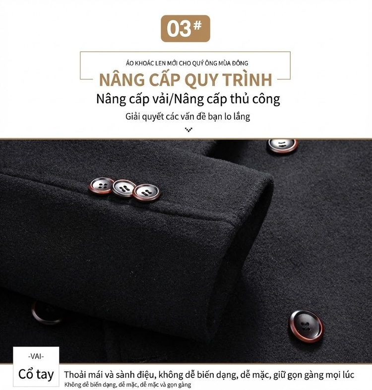 Áo Khoác Dạ Nam Dáng Dài Cổ chữ Vest Hai Hàng Khuy Dày Dặn Màu Nâu, Đen, Xám... chi tiết 6