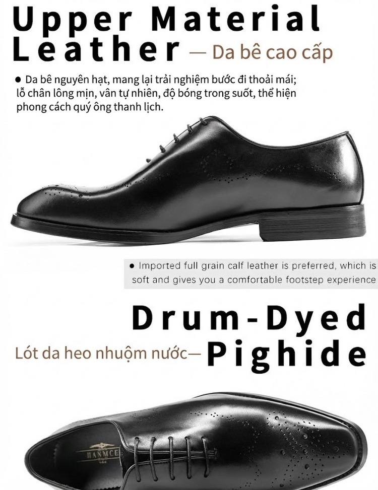 Giày Tây Buộc Dây Nam Da Bóng Brogue Oxford Chiều Cao Đế Khoảng 3cm Màu Đen, Nâu Đỏ chi tiết 4