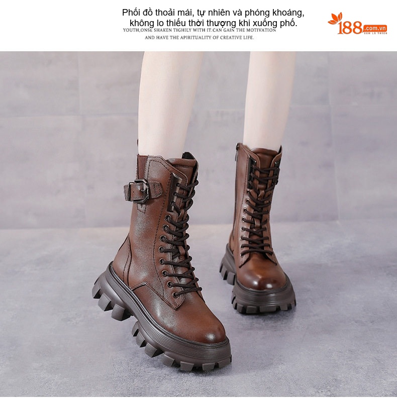 Boot Martin Nữ Da Bò Cổ Lửng Khóa Cài Phong Cách Anh Chiều Cao Đế Khoảng 5cm Màu Nâu, Đen chi tiết 11