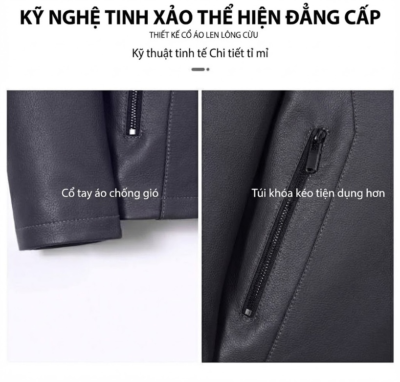 Áo Khoác Da Cừu Thật Nam Cổ Trụ Dáng Ôm Vừa Vặn Phong Cách Doanh Nhân Màu Đen chi tiết 5