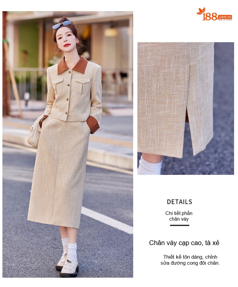Set Áo Khoác Lửng Tay Dài Chân Váy Dài Dáng Ôm Thời Trang Hàn Quốc Màu Be chi tiết 11