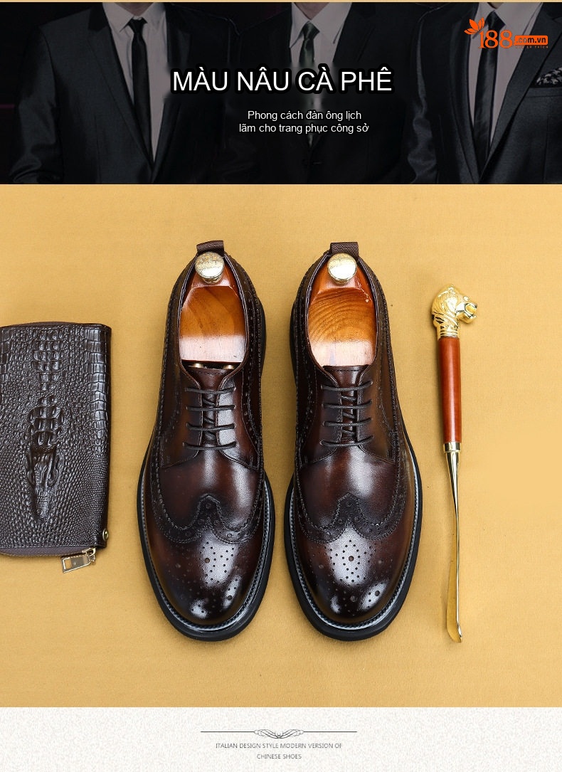 Giày Tây Brogue Nam Da Thật Lót Lông Chiều Cao Đế Khoảng 3.5cm Màu Đen, Nâu chi tiết 6