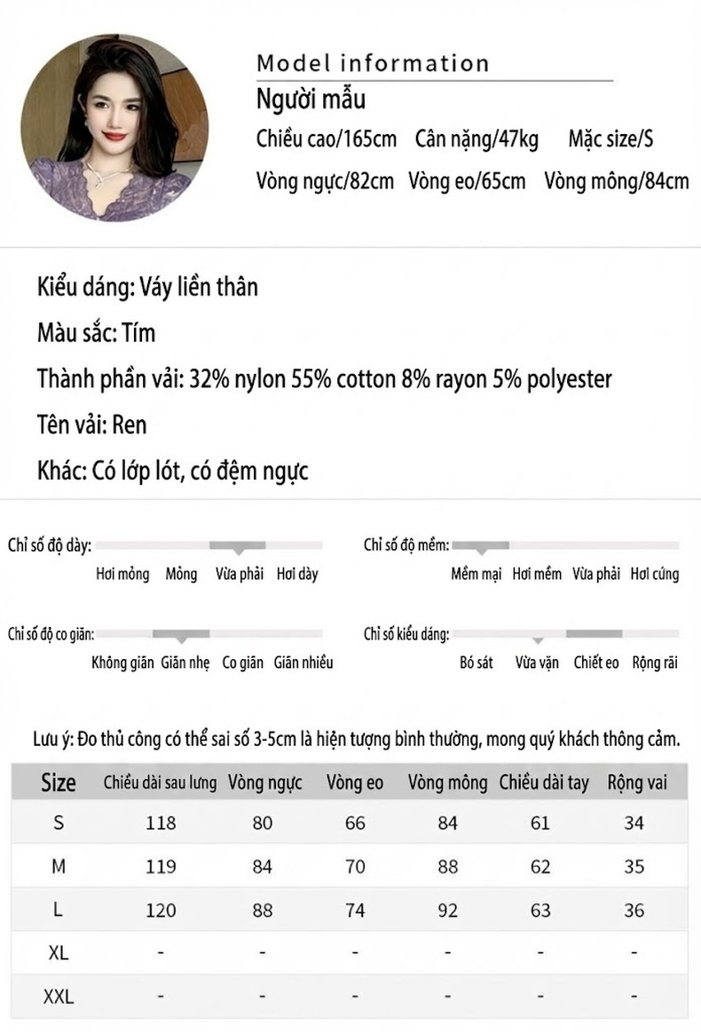 Váy Đầm Nữ Dáng Dài Tay Dài Cổ chữ V Ren Eo Cao Màu Tím chi tiết 2