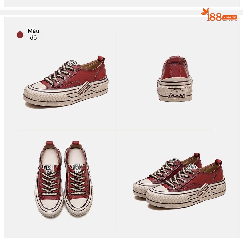 Giày Sneaker Nữ Cổ Thấp Da Bò Buộc Dây Chiều Cao Đế Khoảng 3cm Màu Đỏ, Xanh Lá, Kem... chi tiết 19