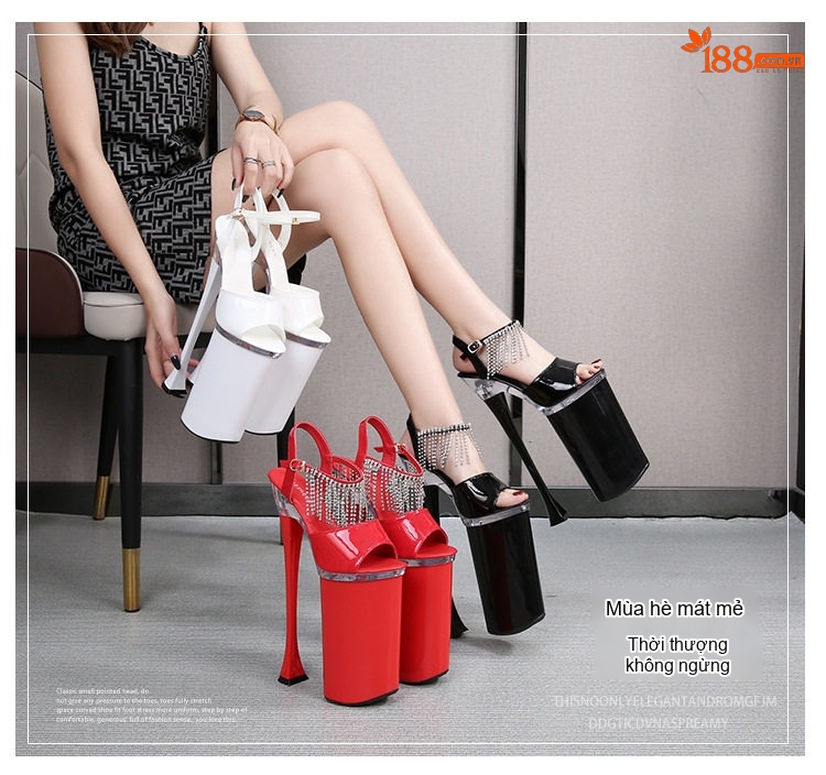 Giày Sandal Cao Gót Nữ Quai Trong Suốt Đính Đá Gót Cao 26cm Màu Đen, Đỏ, Trắng chi tiết 1