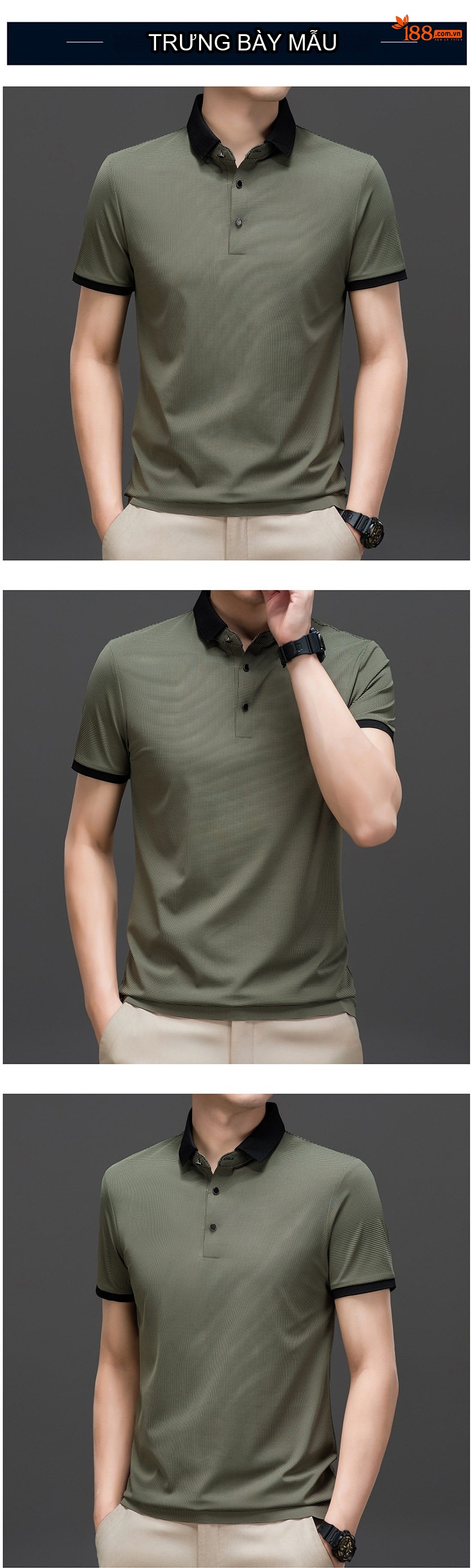 Áo Polo Nam Tay Ngắn Cổ Bẻ Họa Tiết Caro Phong Cách Hàn Quốc Màu Xanh Rêu, Đỏ Tía, Xanh Lam chi tiết 4
