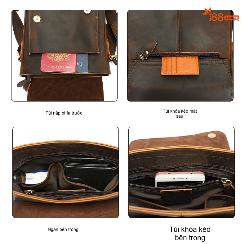 Túi Đeo Vai Nam Da Mộc Kiểu Dáng Postman Nắp Gập Cao Cấp Màu Nâu chi tiết 10