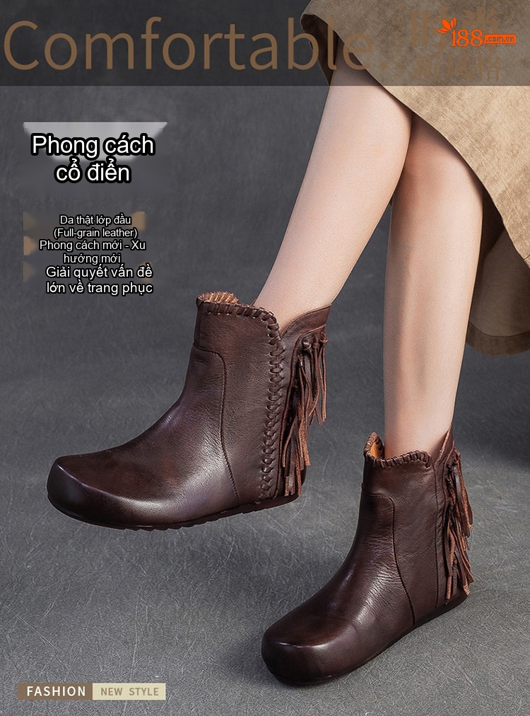 Boot Nữ Da Bò Cổ Ngắn Phong Cách Anh Chiều Cao Đế Khoảng 2cm Màu Nâu, Xám chi tiết 1