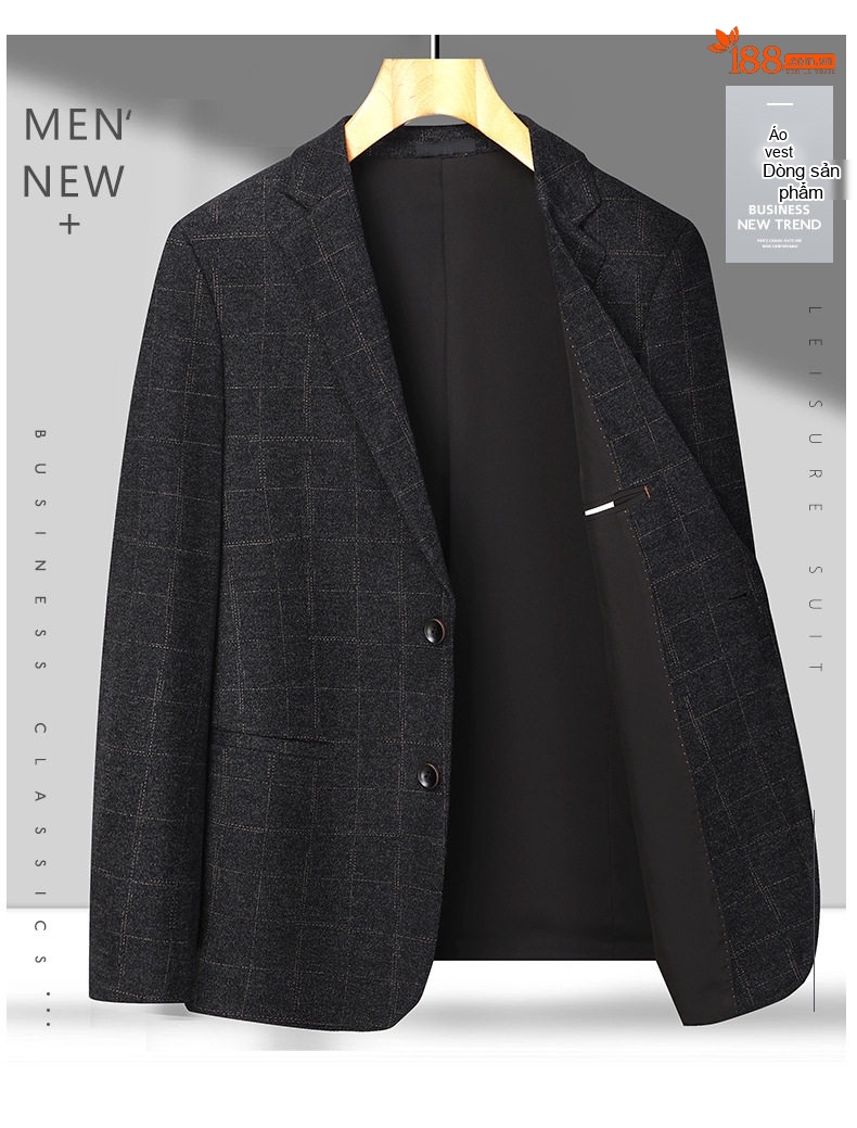 Áo Vest/Blazer Nam Kẻ Caro Co Giãn Vải Nylon Phong Cách Hàn Quốc Màu Xám, Xanh Đen chi tiết 1