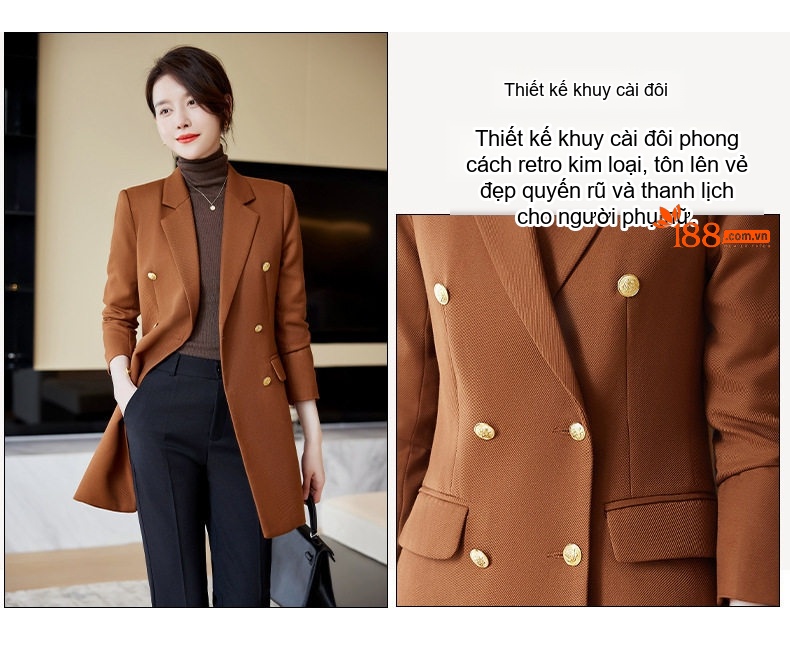 Áo Khoác Blazer Nữ Dáng Dài Tay Dài Màu Nâu, Đen, Đỏ chi tiết 6