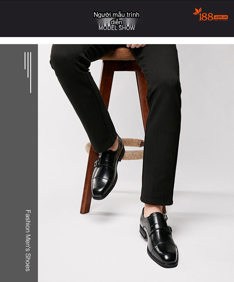 Giày Tây Monk Strap Nam Da Bóng Brogue Chiều Cao Đế Khoảng 3cm Màu Đen chi tiết 10
