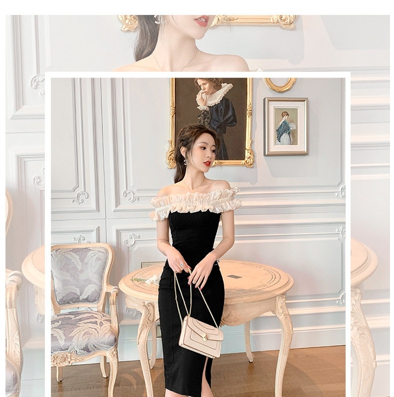 Váy Ôm Body Nữ Hở Vai Viền Bèo Nhún Xẻ Tà Dáng Dài Màu Đen, Kem chi tiết 1