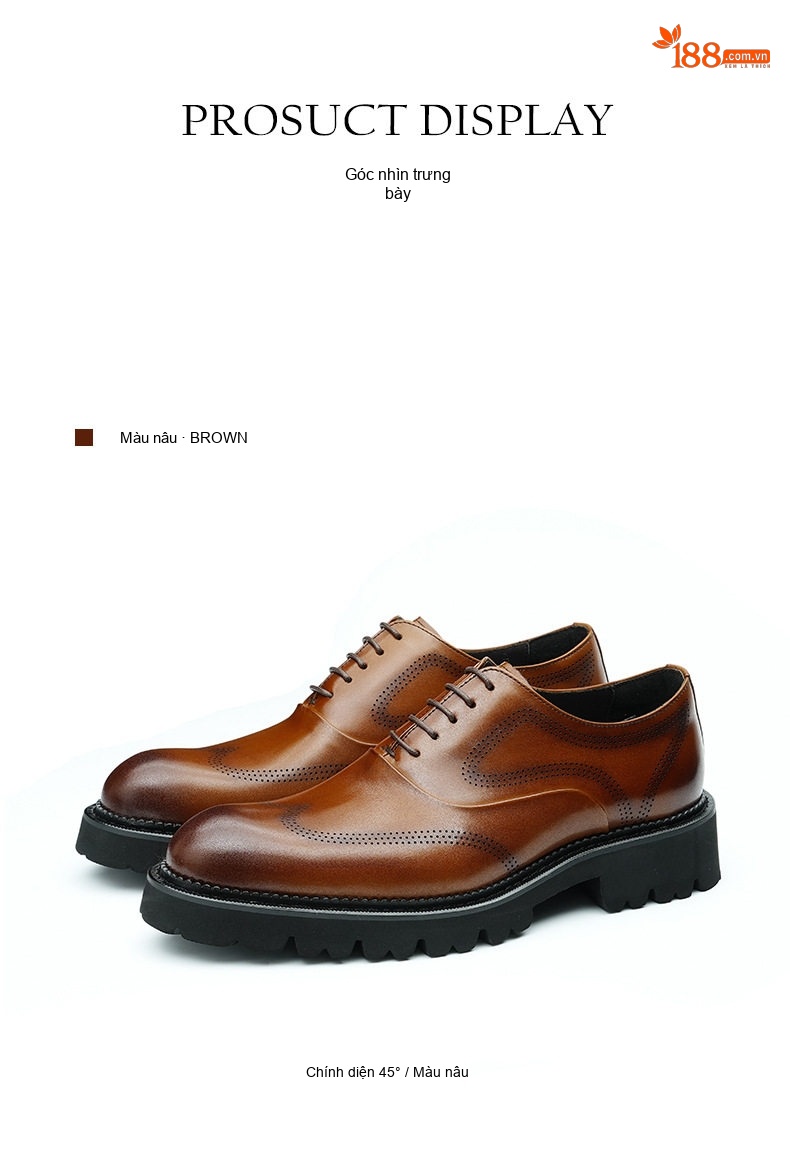 Giày Tây Brogue Nam Da Bóng Đế Dày Chiều Cao Đế 4cm Màu Đen, Nâu chi tiết 12