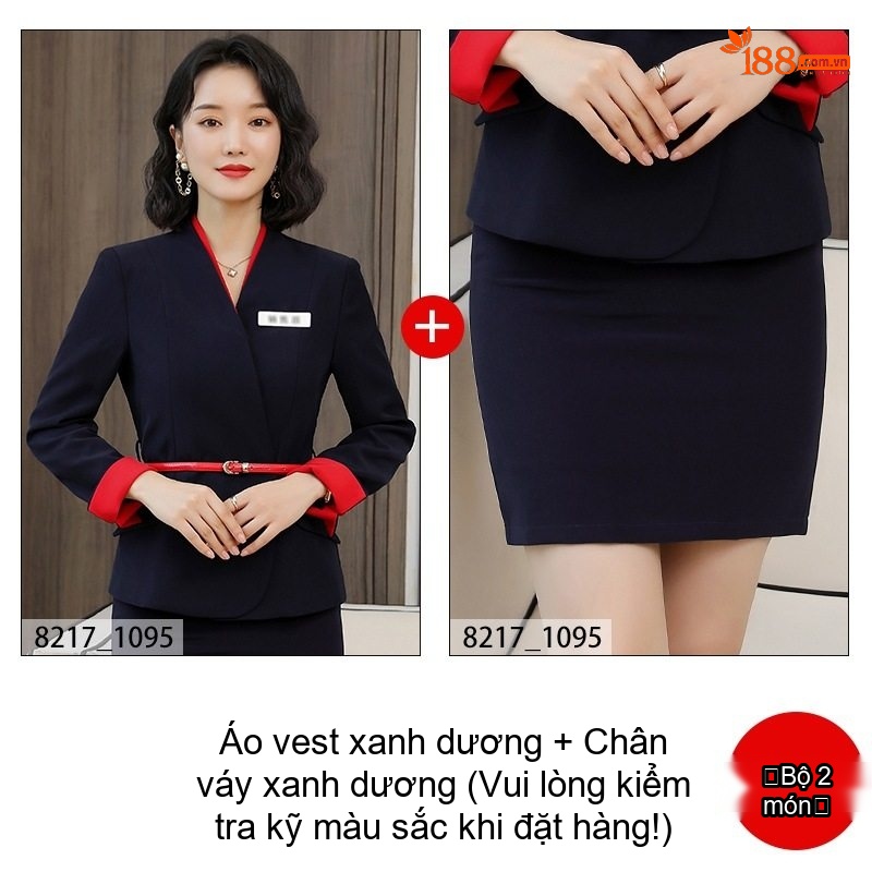 Set Bộ Vest Công Sở Nữ Tay Dài Cổ chữ V Màu Xanh Navy Phối Đỏ