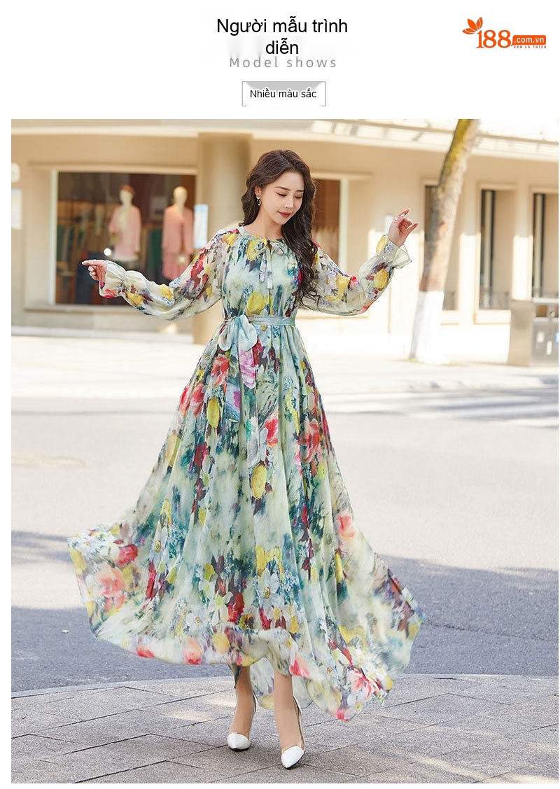 Váy Maxi Nữ Tay Dài Voan Mỏng Họa Tiết Đi Biển Mùa Hè Màu Trắng, Đỏ, Xanh, Đen... chi tiết 9