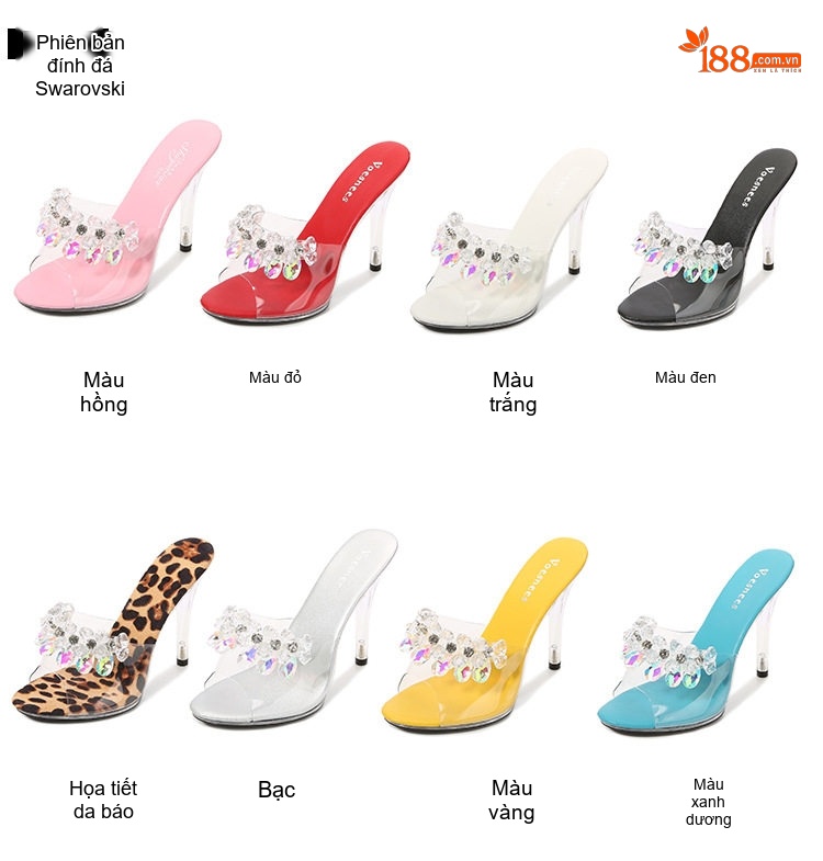 Dép Cao Gót Nữ Quai Trong Suốt Đính Đá Chiều Cao Đế 11cm Màu Đen, Trắng, Đỏ, Xanh... chi tiết 2