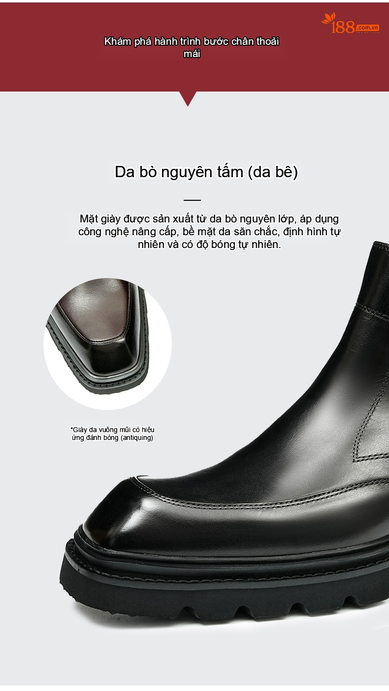 Giày Chelsea Nam Da Bò Cổ Lửng Đế Dày Chiều Cao Đế Khoảng 4cm Màu Đen, Nâu chi tiết 7