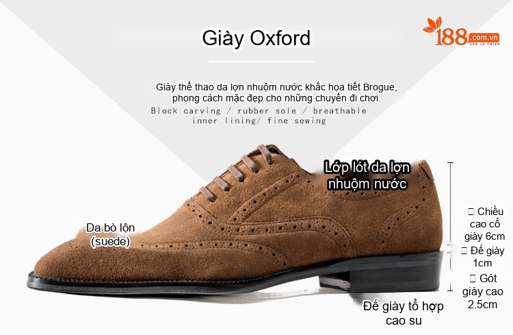 Giày Tây Buộc Dây Nam Da Mờ Chiều Cao Đế Khoảng 3cm Màu Đen, Nâu, Xám, Tím chi tiết 2