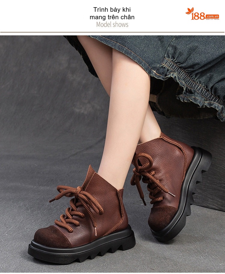 Boot Nữ Cổ Ngắn Da Bò Đế Dày Chiều Cao Đế Khoảng 5cm Màu Đen, Nâu chi tiết 7