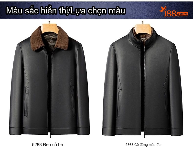 Áo Khoác Da Nam Lót Lông Vũ Cổ Lông Màu Đen chi tiết 3