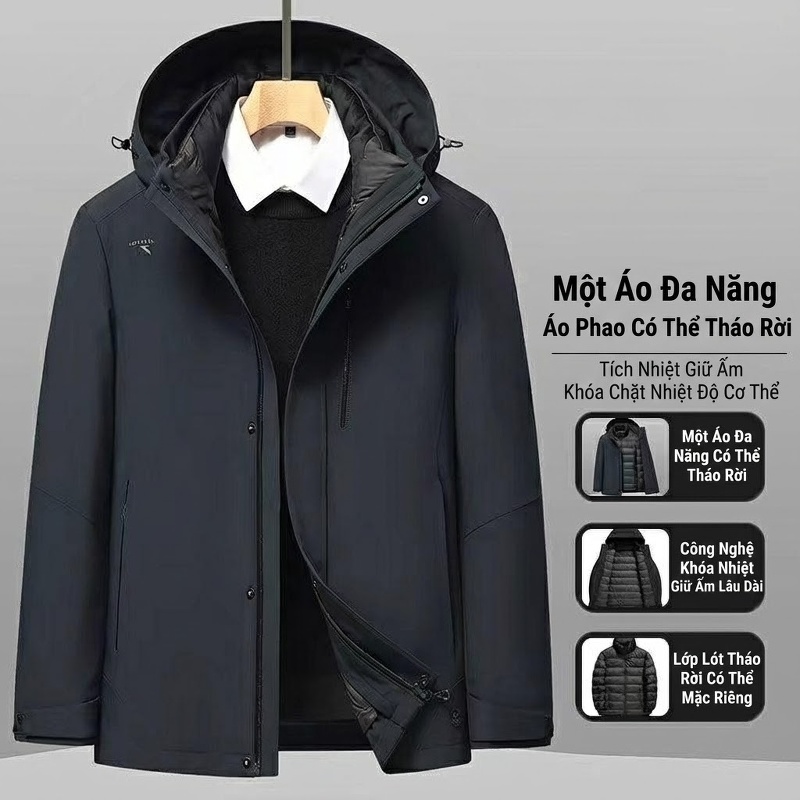 Áo Khoác Lông Vũ Nam 3 Trong 1 Có Mũ Trùm Đầu Chống Nước Giữ Ấm Màu Đen, Xám