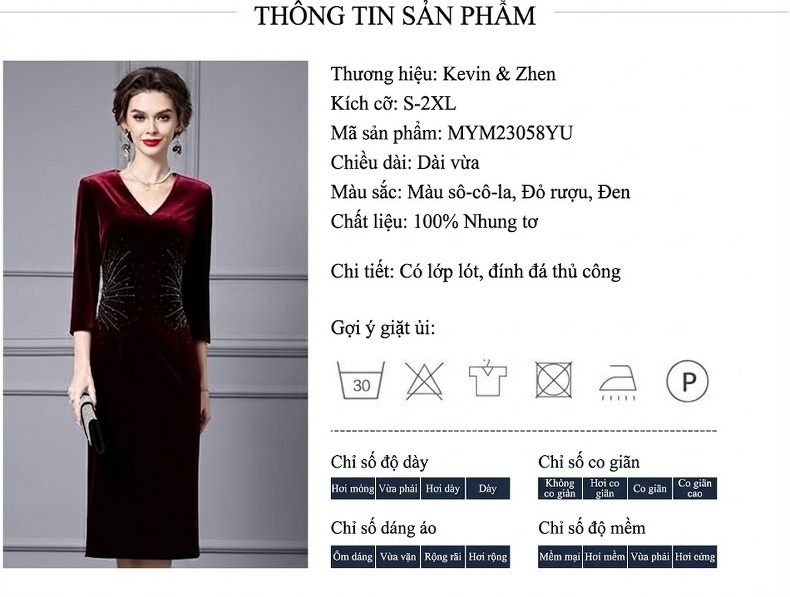 Váy liền thân Nữ Tay Dài Gấm Nhung Đính Đá Cao Cấp Dự Tiệc Màu Đỏ Rượu Vang, Đen chi tiết 18