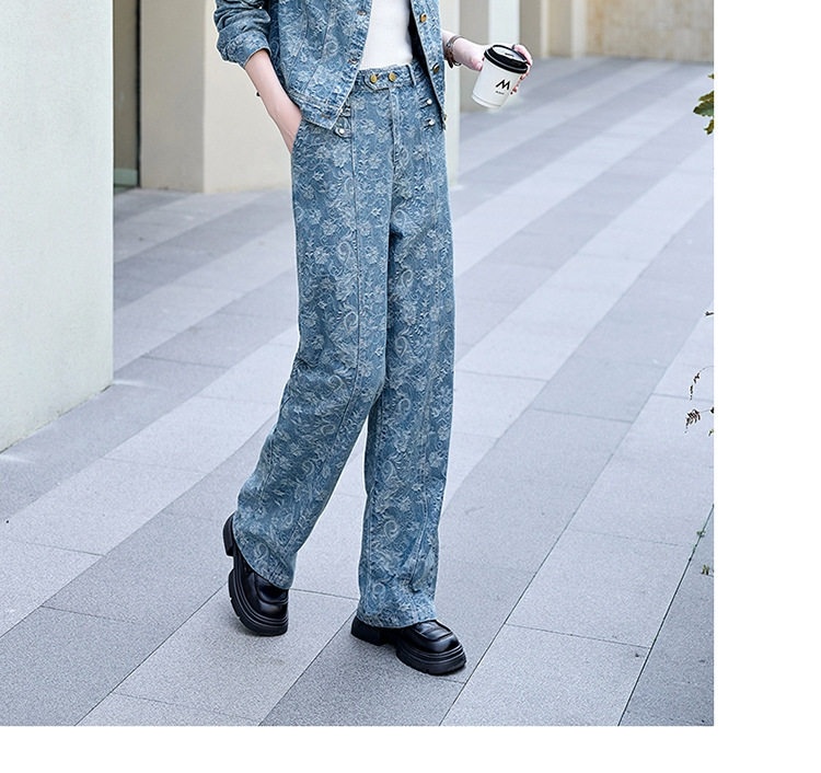 Set Bộ Quần Áo Nữ In Họa Tiết Quần Ống Rộng Phong Cách Thời Trang Màu Xanh Denim chi tiết 13