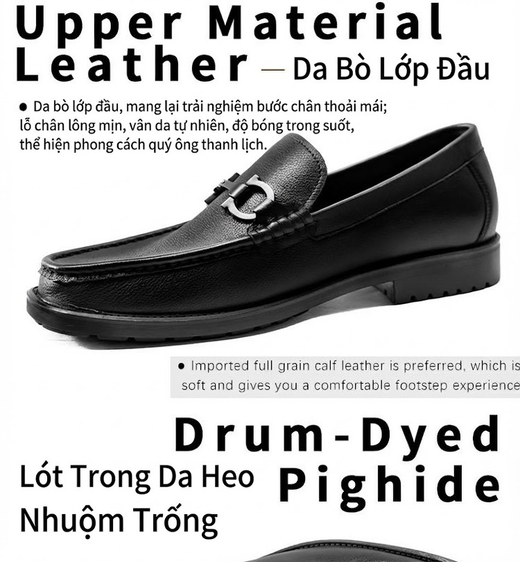 Giày Lười Nam Da Bò Công Sở Chiều Cao Đế Khoảng 3cm Màu Đen chi tiết 4