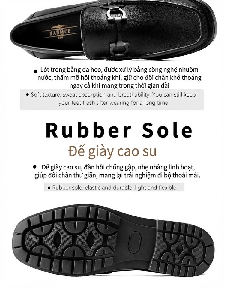 Giày Lười Nam Da Bò Công Sở Chiều Cao Đế Khoảng 3cm Màu Đen chi tiết 5