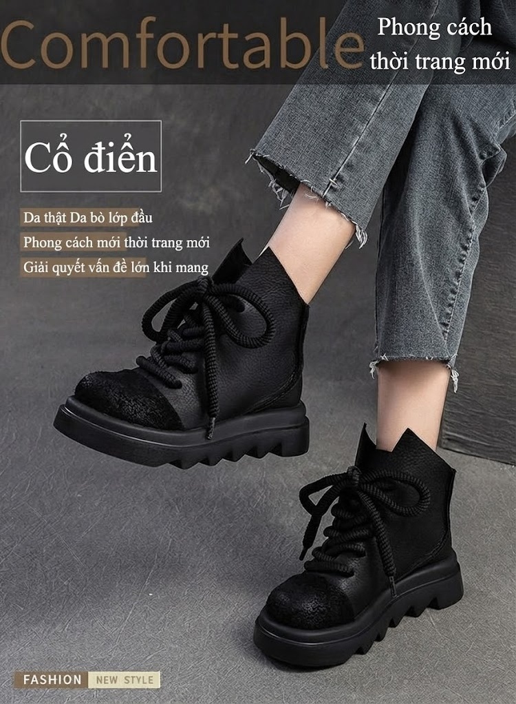 Boot Nữ Cổ Ngắn Da Bò Đế Dày Chiều Cao Đế Khoảng 5cm Màu Đen, Nâu chi tiết 1
